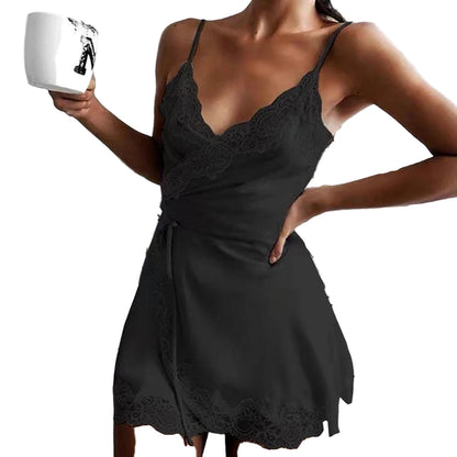 LuckeLadybug sexy lace satin nightdress in black with delicate lace trim and adjustable straps