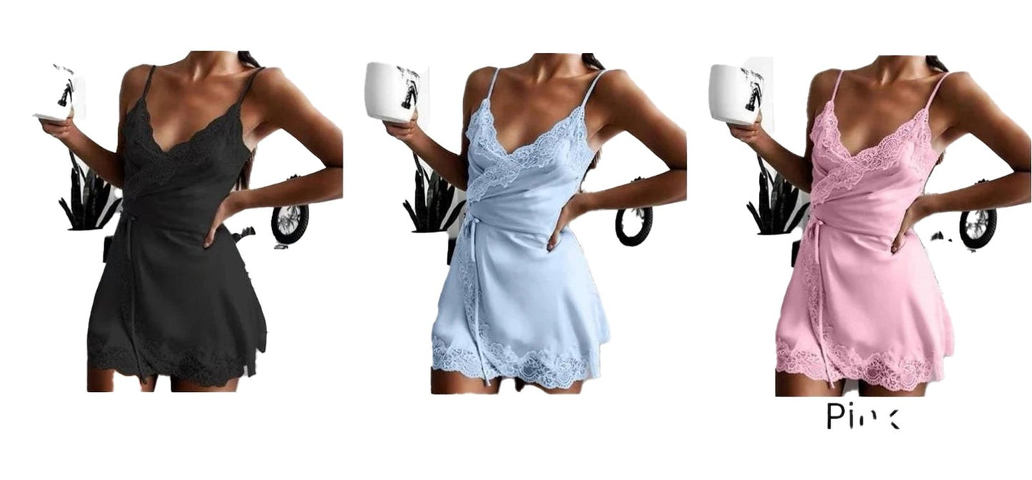 Sexy lace satin nightdress in black, blue, and pink, perfect for a chic sleepwear look