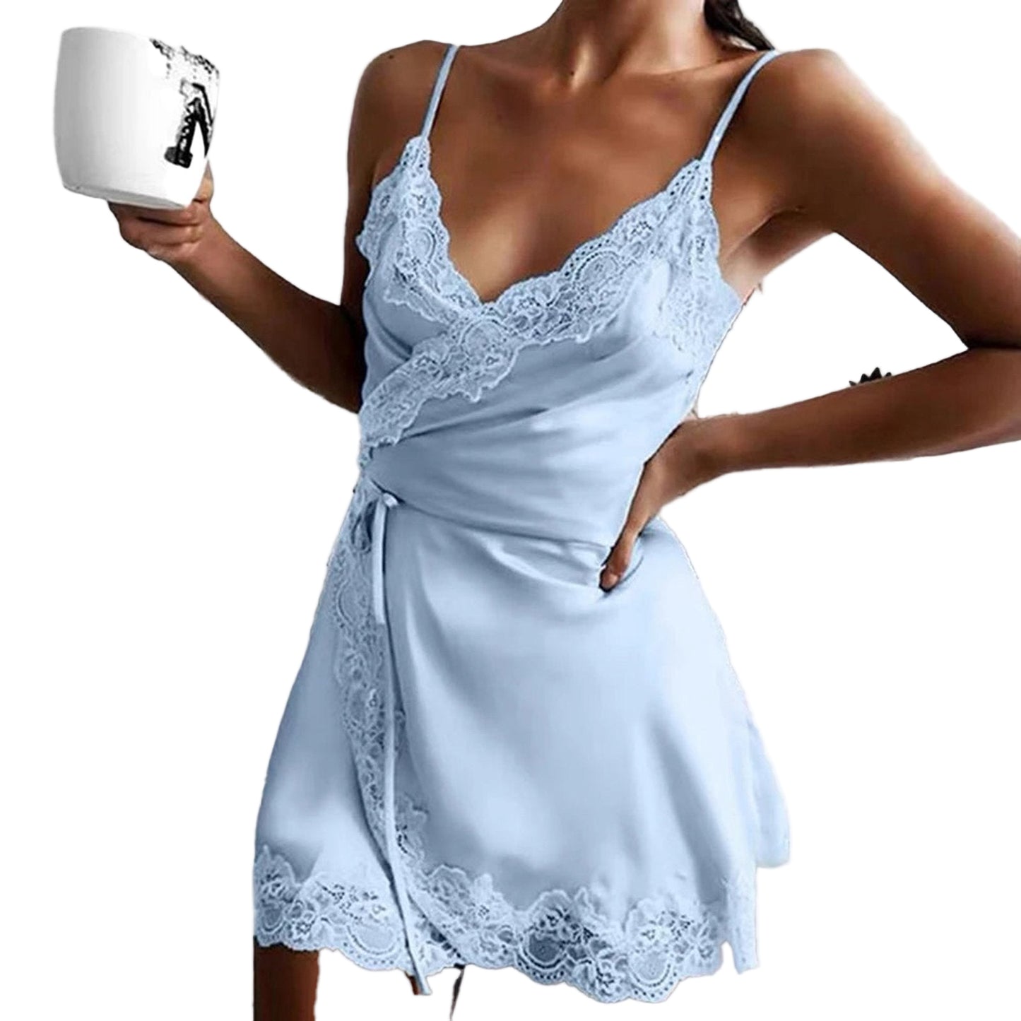 LuckeLadybug sexy lace satin nightdress in light blue with lace trim and adjustable straps