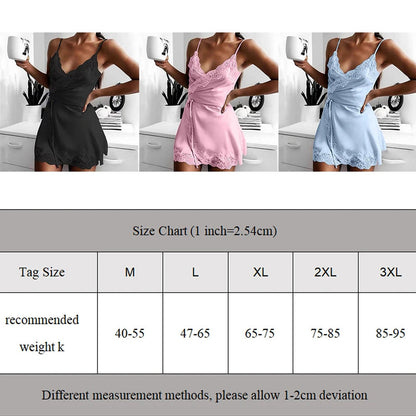 LuckeLadybug sexy lace satin nightdress in black, pink, and blue with a stylish design and size chart