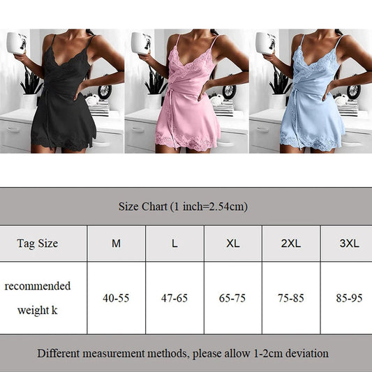 LuckeLadybug sexy lace satin nightdress in black, pink, and blue with a stylish design and size chart