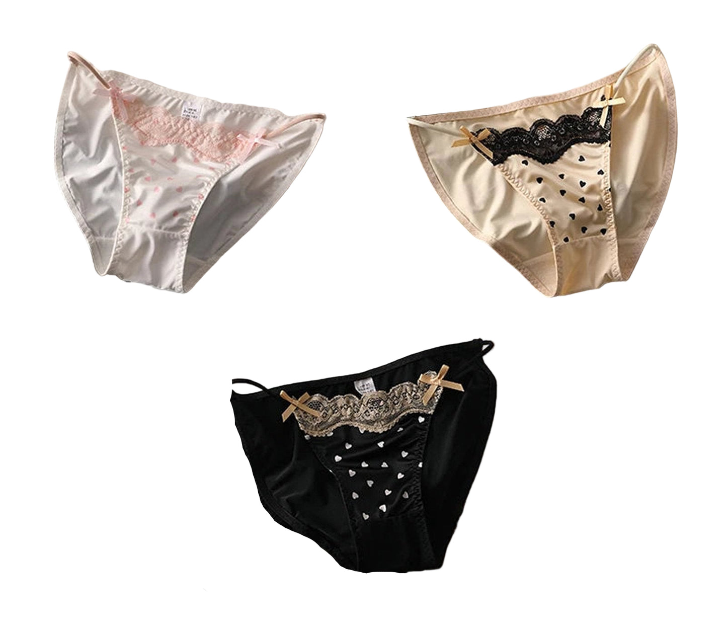 Three pairs of sexy lace thong panties for women in varying colors and designs with delicate lace details