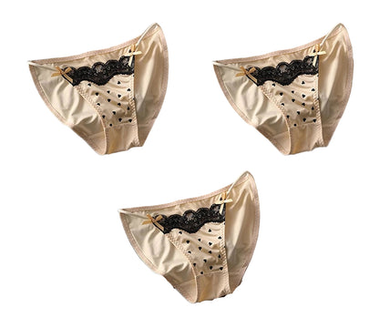 Set of three sexy lace thong panties for women in a soft beige with black lace trim