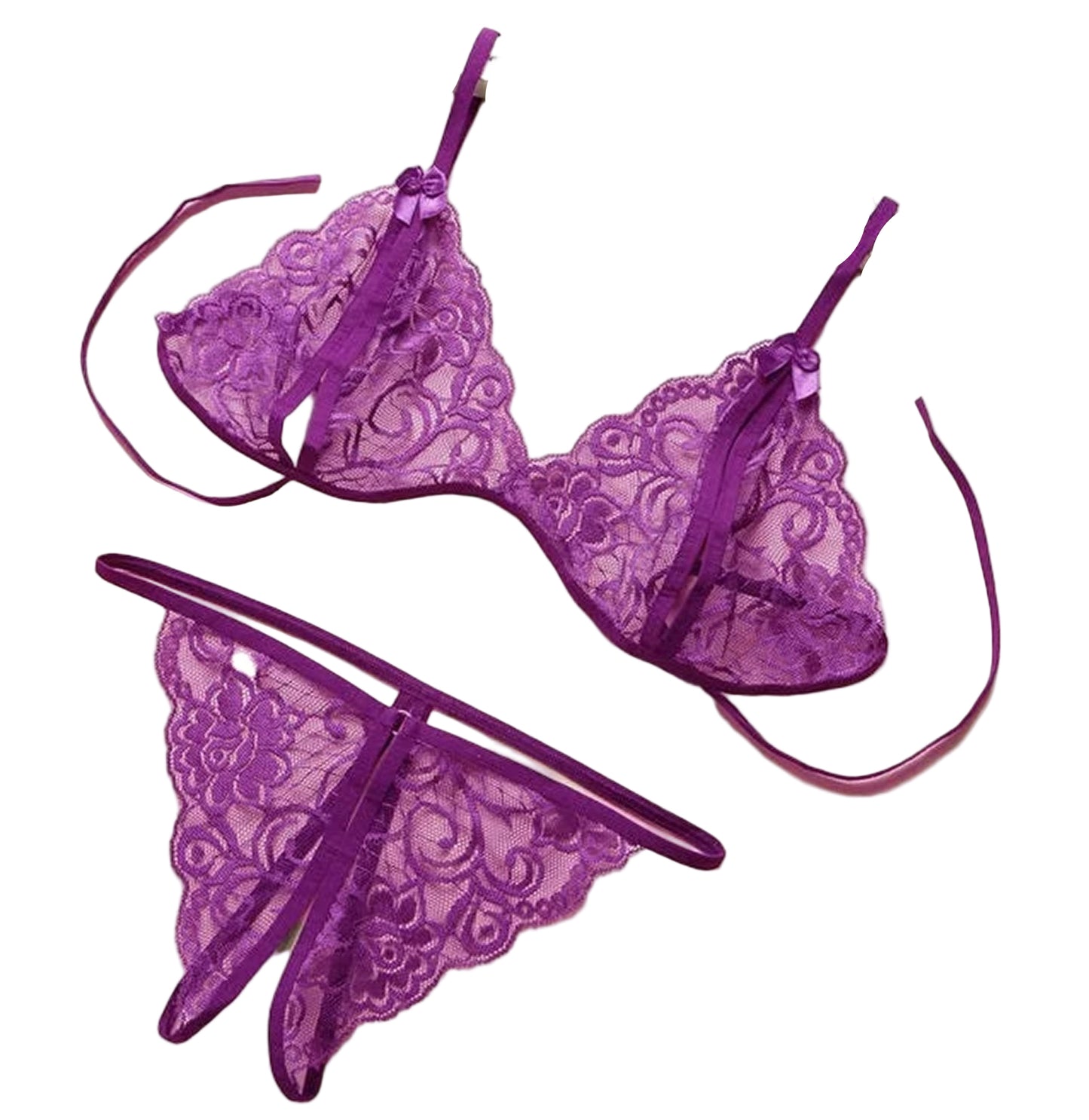Purple Lace Bra and Thong Set from LuckeLadybug LLC for a sexy leather lingerie bodysuit look