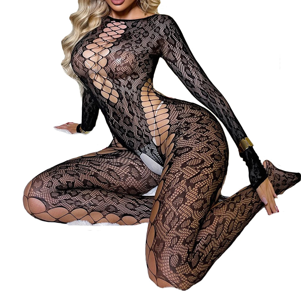 LuckeLadybug sexy-lingerie bodysuit featuring a provocative design with cutouts and fishnet detail
