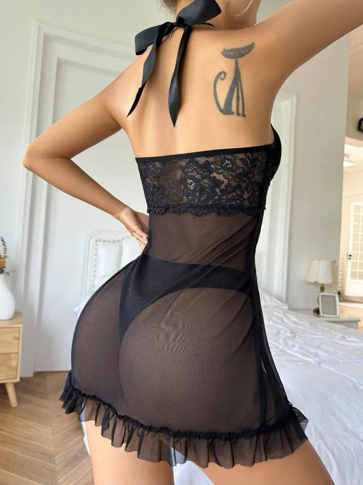 LuckeLadybug LLC Black Babydoll with Lace Trim and Bow, perfect sexy-lingerie for romantic nights