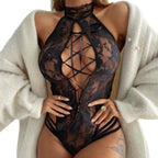 Black lace bodysuit by LuckeLadybug LLC, featuring sexy-lingerie design with crisscross details
