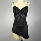 LuckeLadybug LLC Black Babydoll Sexy Lingerie with Lace and Ruffled Hem for Romantic Evenings