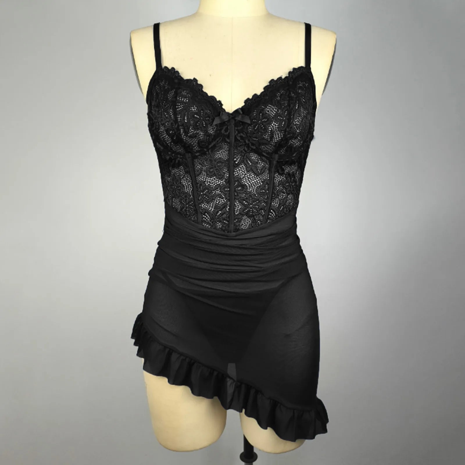 LuckeLadybug LLC Black Babydoll Sexy Lingerie with Lace and Ruffled Hem for Romantic Evenings