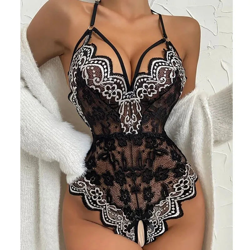 Black floral lace bodysuit by LuckeLadybug LLC, perfect for sexy-lingerie looks and intimate occasions