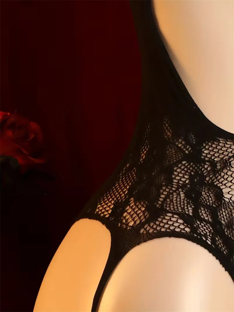 Black lace bodysuit from LuckeLadybug LLC, perfect for sexy-lingerie occasions with alluring cutouts