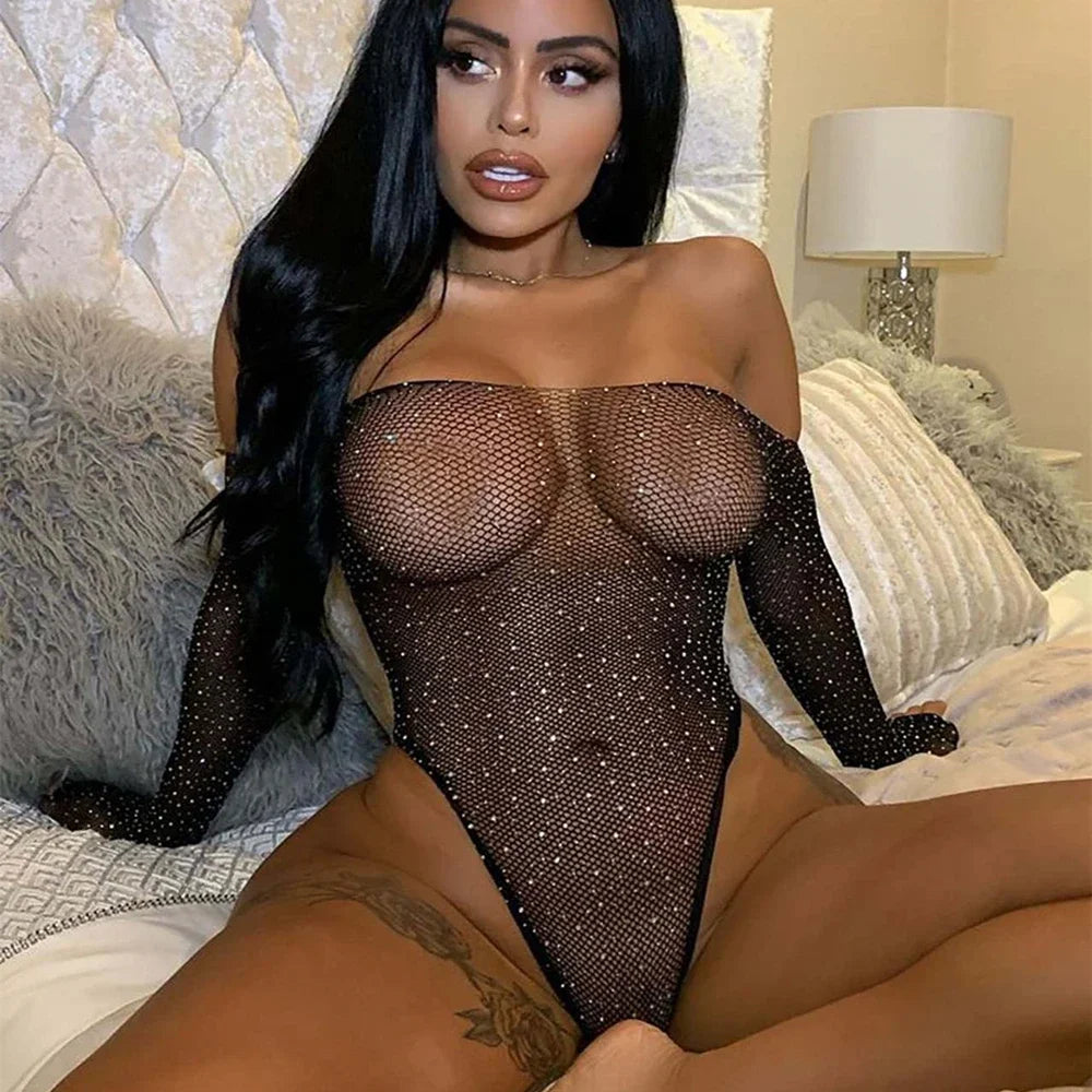 LuckeLadybug LLC Sexy Lingerie Bodysuit in Sheer Black Mesh with Long Sleeves