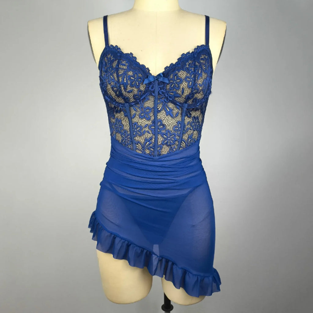 LuckeLadybug LLC Sexy Lingerie Babydoll in Blue with Lace Bodice and Ruffled Skirt