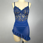 LuckeLadybug LLC Sexy Lingerie Babydoll in Blue with Lace Bodice and Ruffled Skirt
