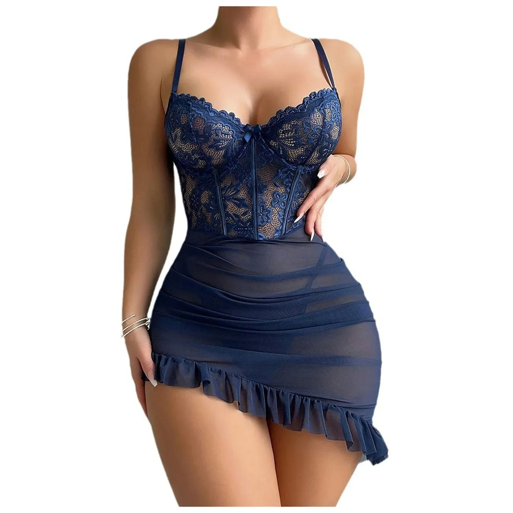 Navy blue lace babydoll from LuckeLadybug LLC featuring ruffled hem for sexy-lingerie enthusiasts