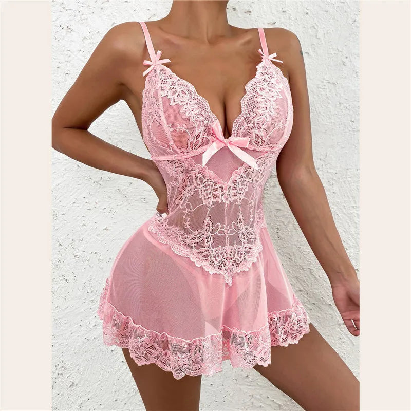 LuckeLadybug LLC Sexy Lingerie Babydoll in Pink with Lace Accents and Bow Detail