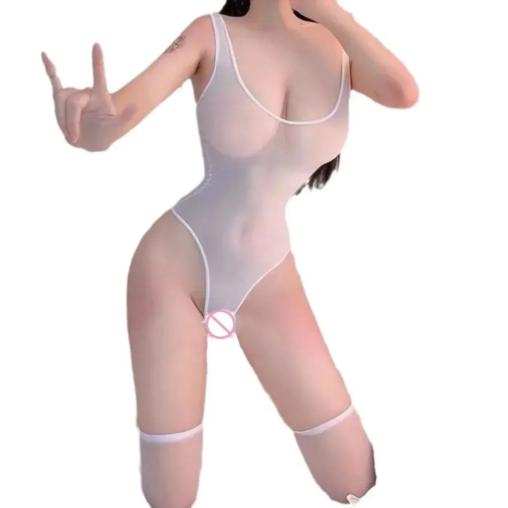 LuckeLadybug sexy-lingerie bodysuit in white with sheer fabric for a seductive look