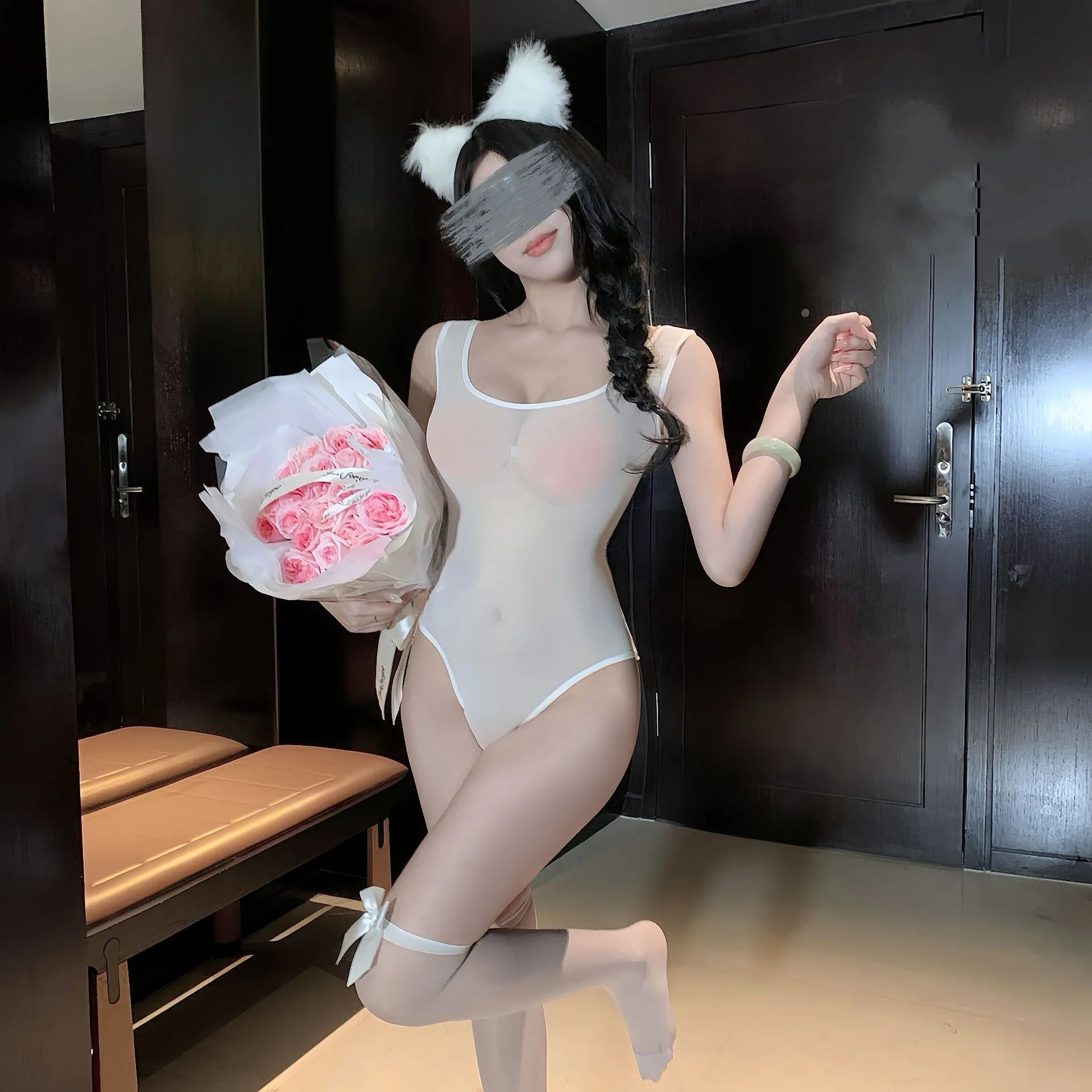 LuckeLadybug sexy-lingerie bodysuit in white with sheer fabric and playful accessories