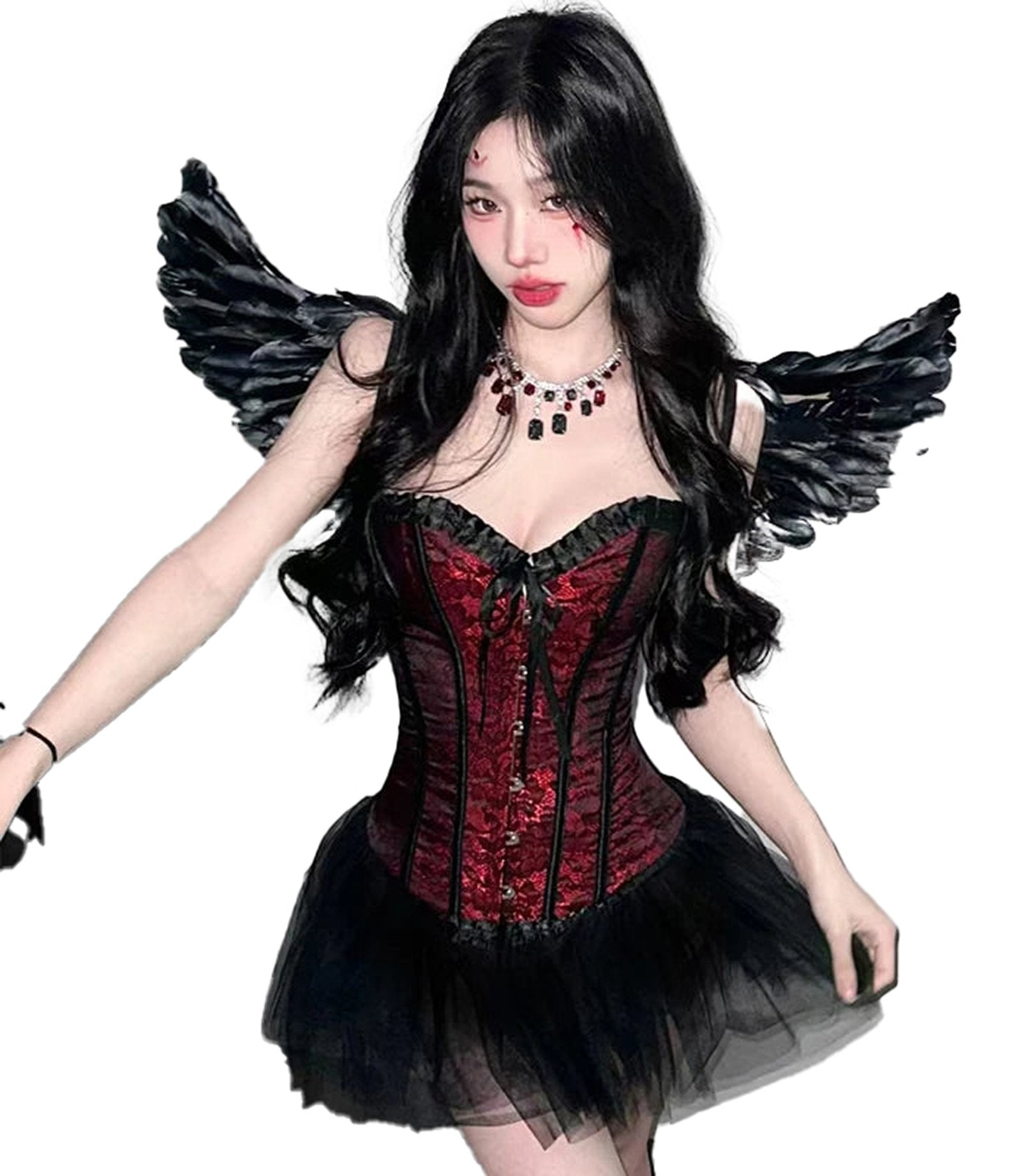 Sexy medieval gothic corset dress with black wings and tulle skirt for a dramatic look