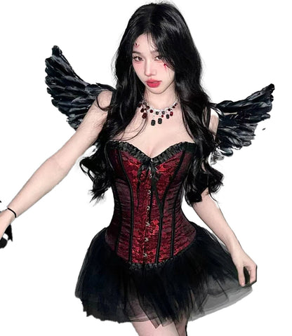 Sexy medieval gothic corset dress with black wings and tulle skirt for a dramatic look
