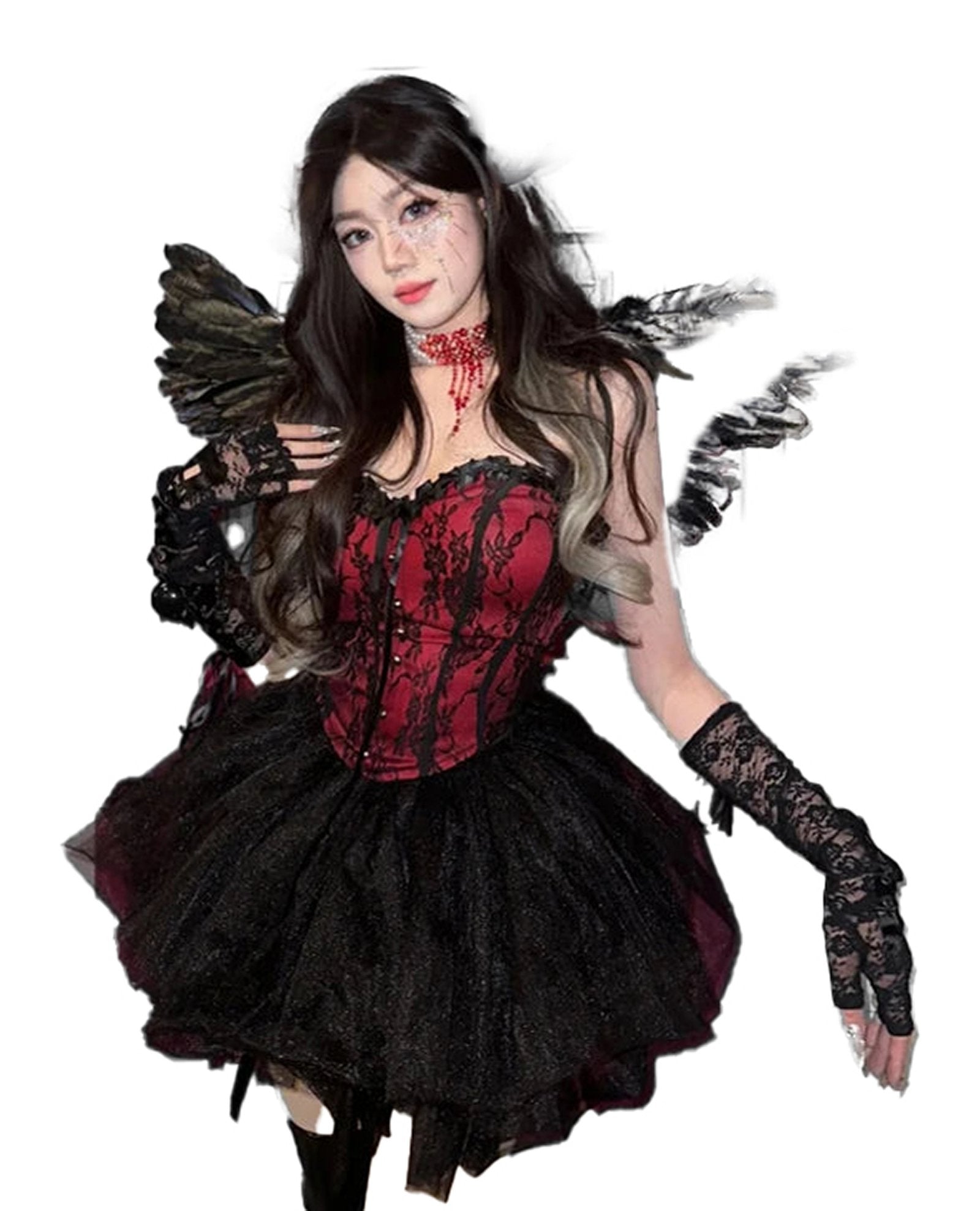 Sexy medieval gothic corset dress with lace gloves and winged accessories for a dramatic look