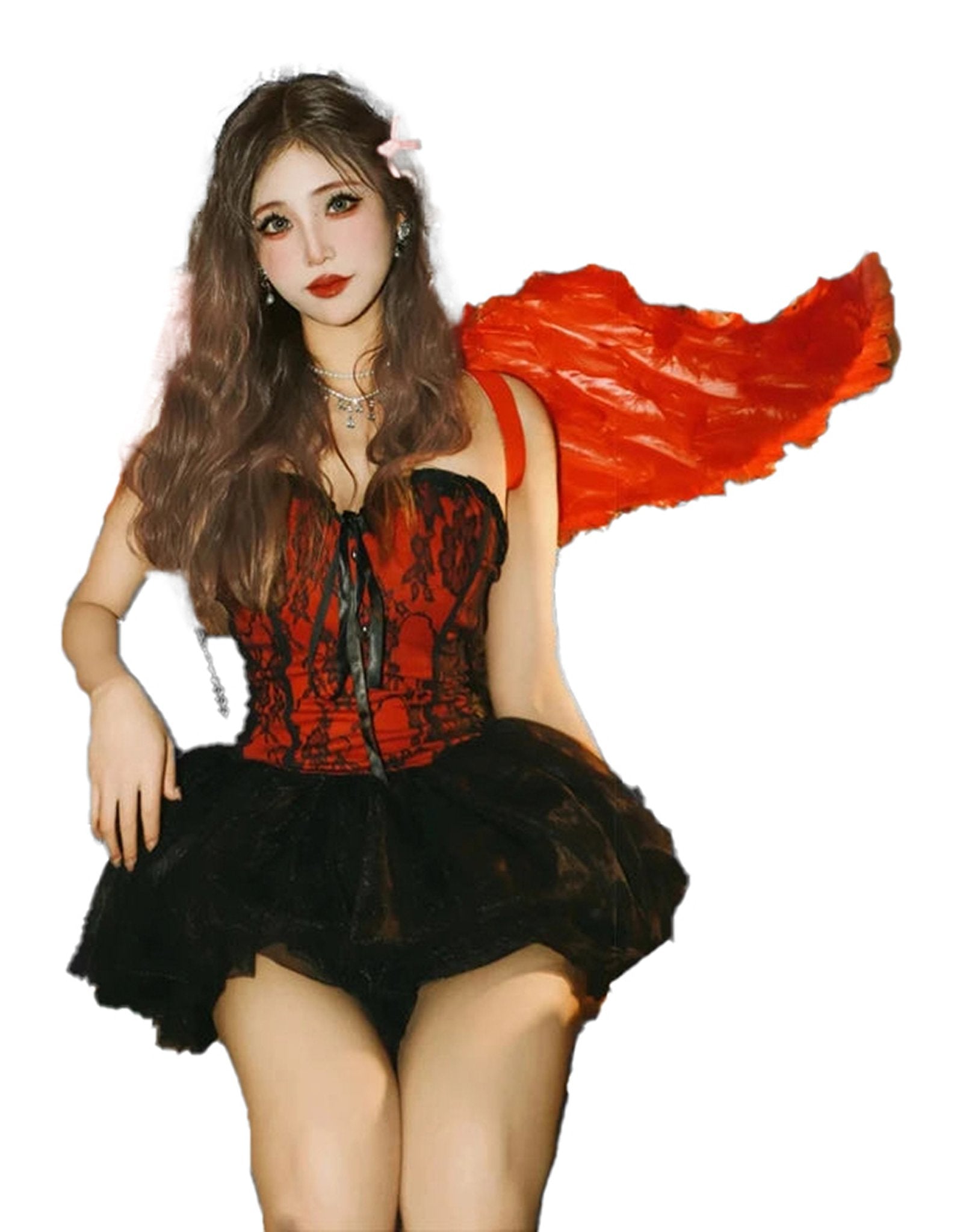 Sexy medieval gothic corset dress in red and black with a flowing cape for a dramatic look