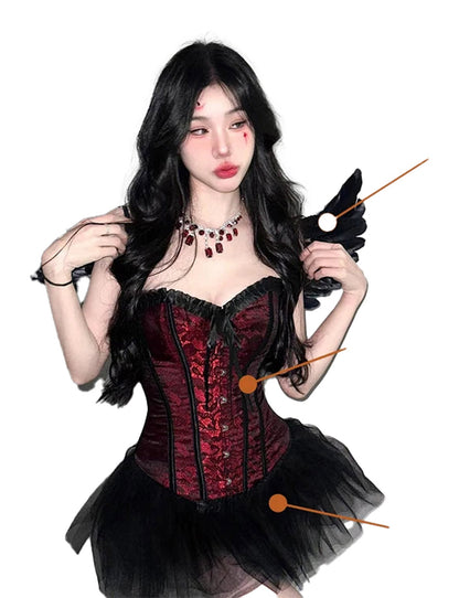 Sexy medieval gothic corset dress in burgundy with lace-up details and tulle skirt for dramatic flair