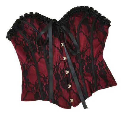 Luxurious sexy medieval gothic corset in burgundy lace with black trim and adjustable ribbons