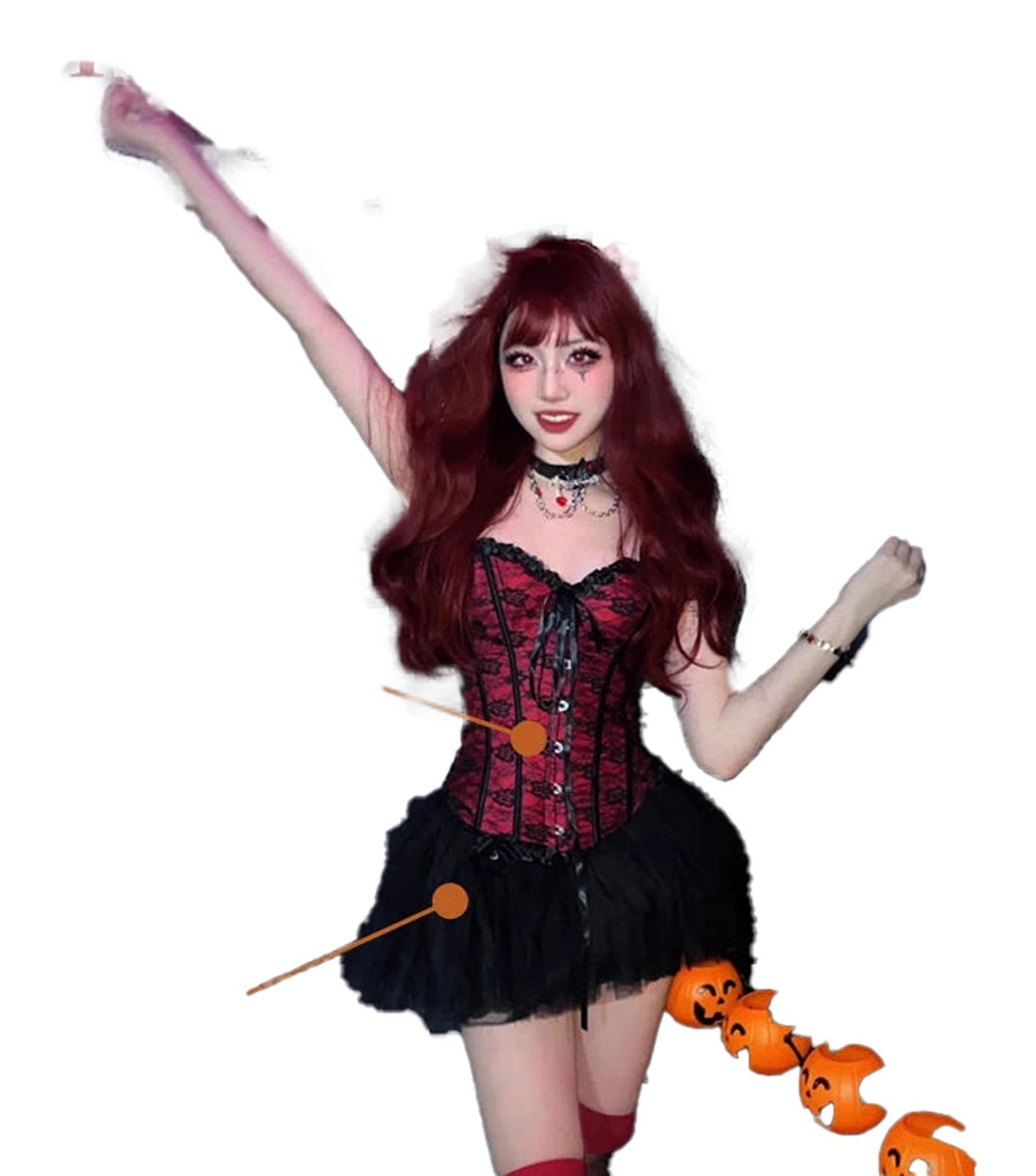 Model wearing a sexy medieval gothic corset dress with a frilly skirt and accessories