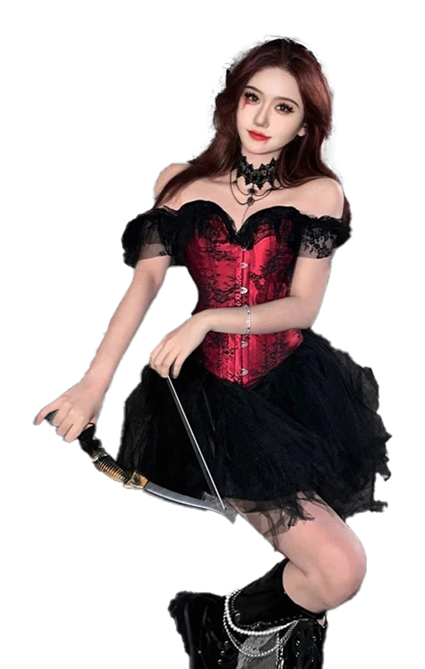 Sexy medieval gothic corset dress in red with lace detail and black tutu skirt for a dramatic look