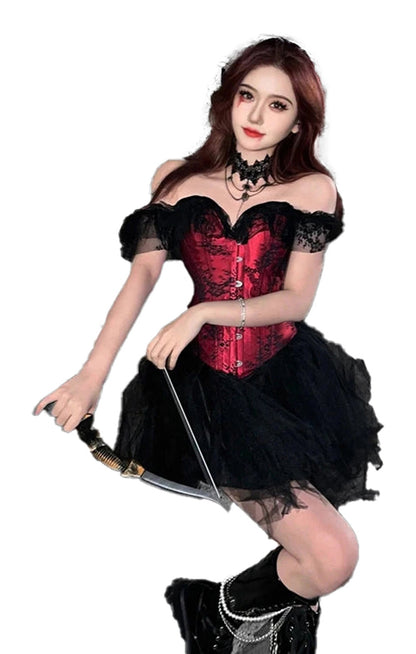 Sexy medieval gothic corset dress in red with lace detail and black tutu skirt for a dramatic look