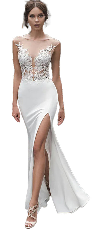 Elegant sexy mermaid wedding dress with sheer lace bodice and side slit for a stunning bridal look