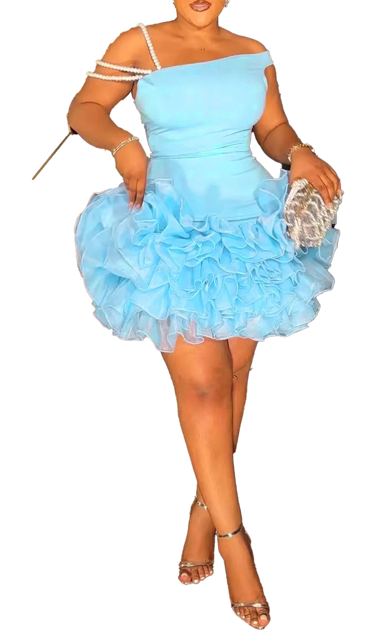 LuckeLadybug LLC sexy mini cocktail dress for women in light blue with ruffled skirt and off-the-shoulder design