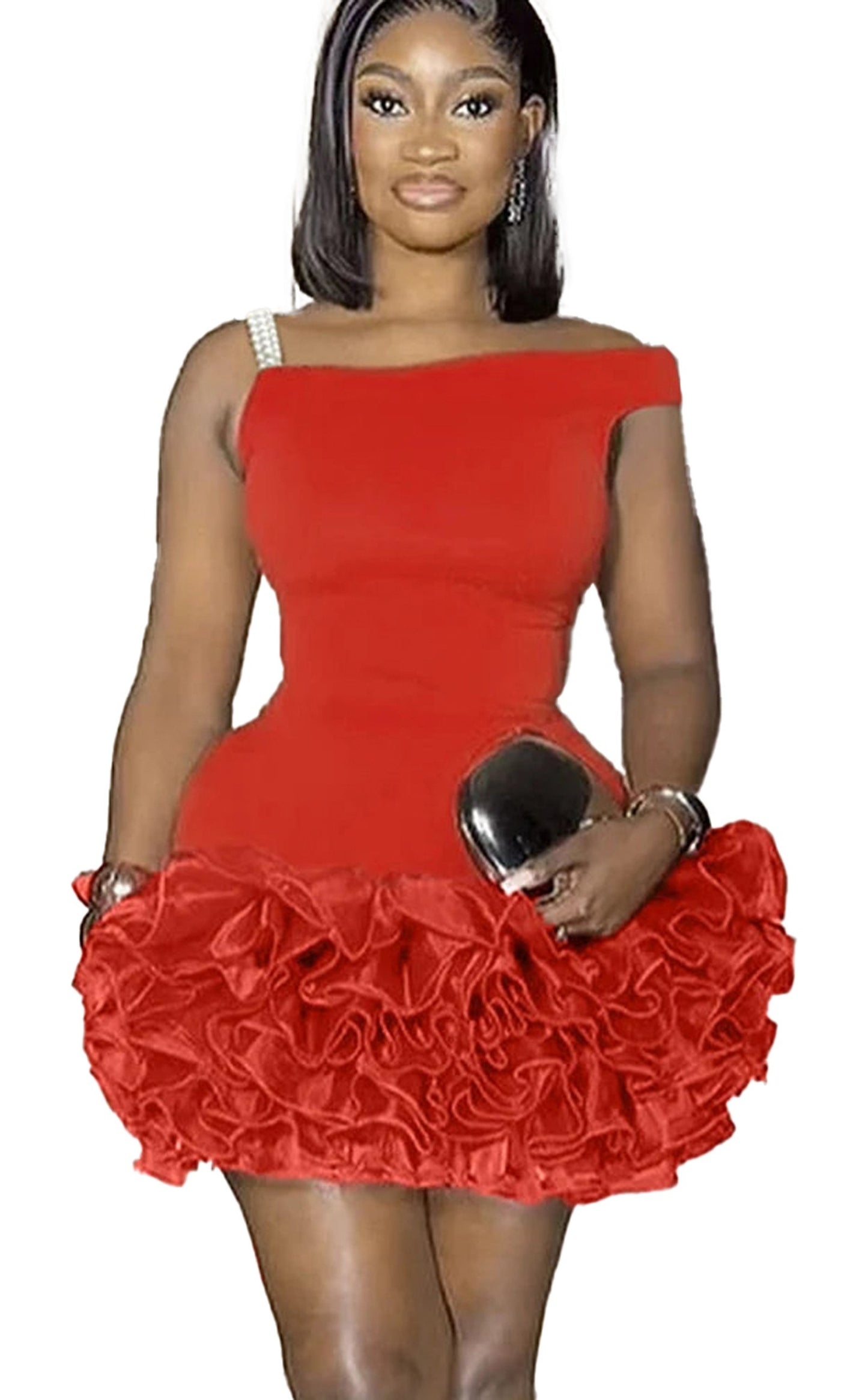 Stunning red sexy mini cocktail dress for women with ruffled hem and single shoulder strap