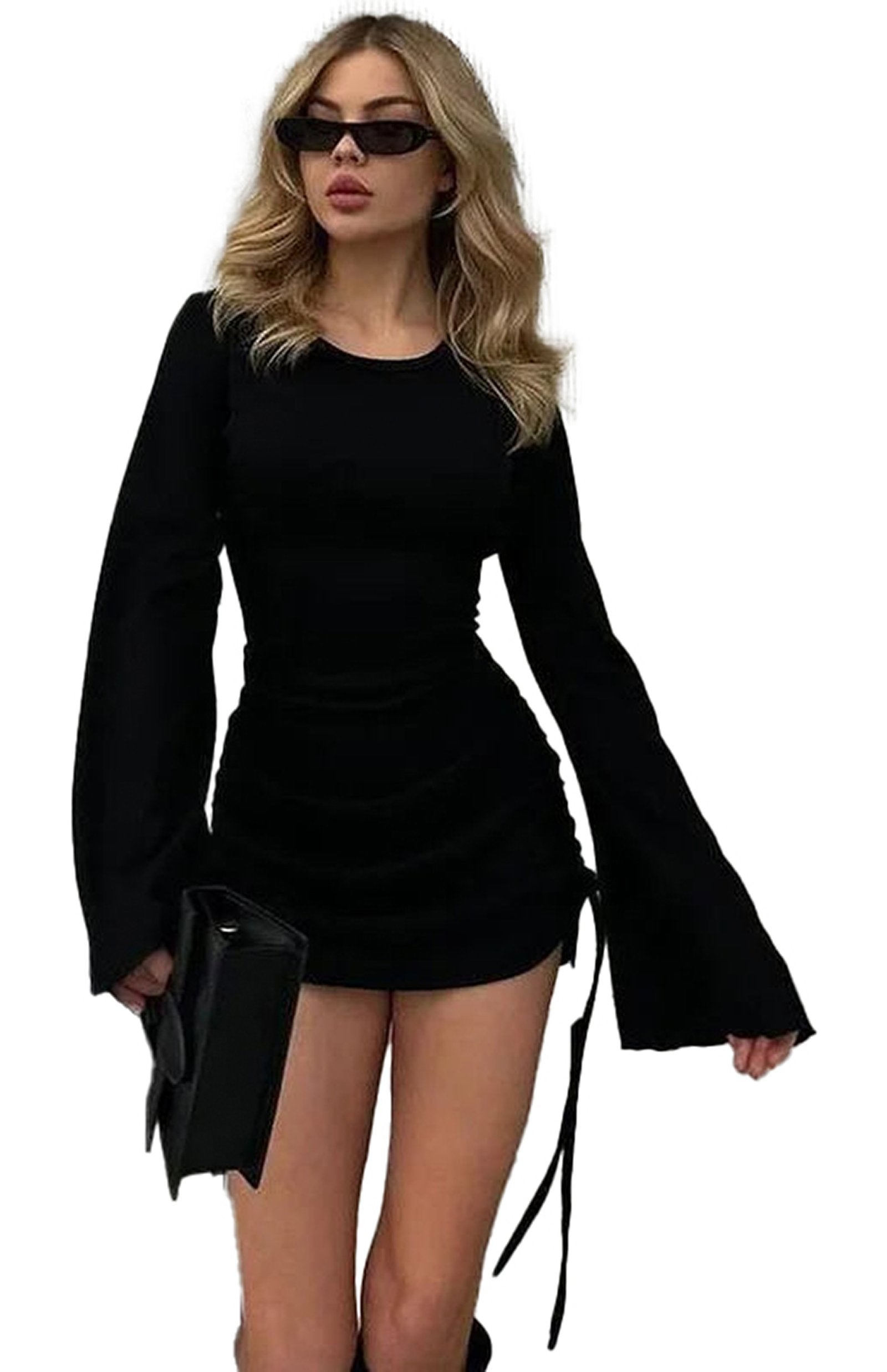 Black sexy mini dress for women with long sleeves and ruched design for a stylish look