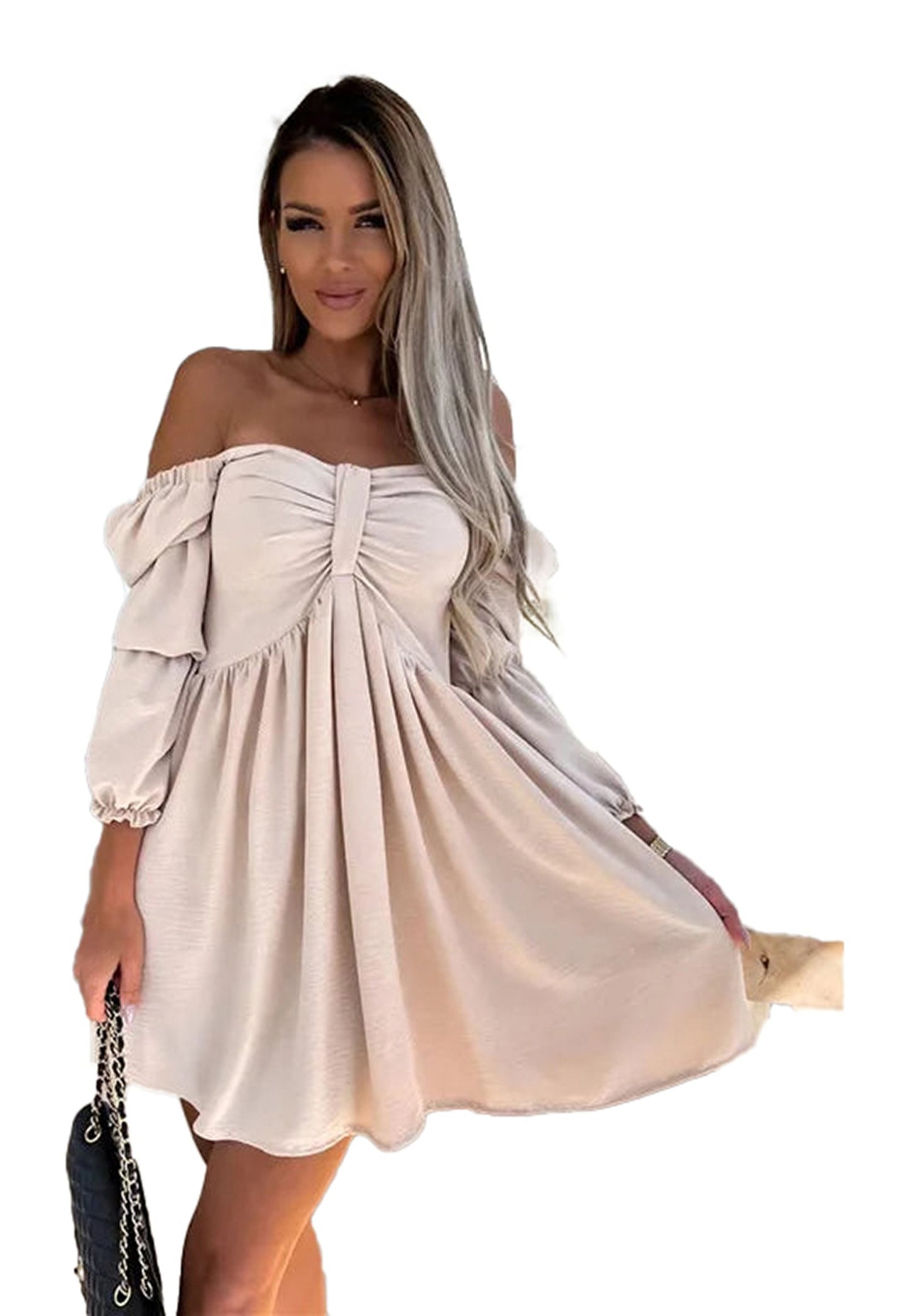 Model wearing a sexy off shoulder mini dress with puff sleeves and a flared skirt