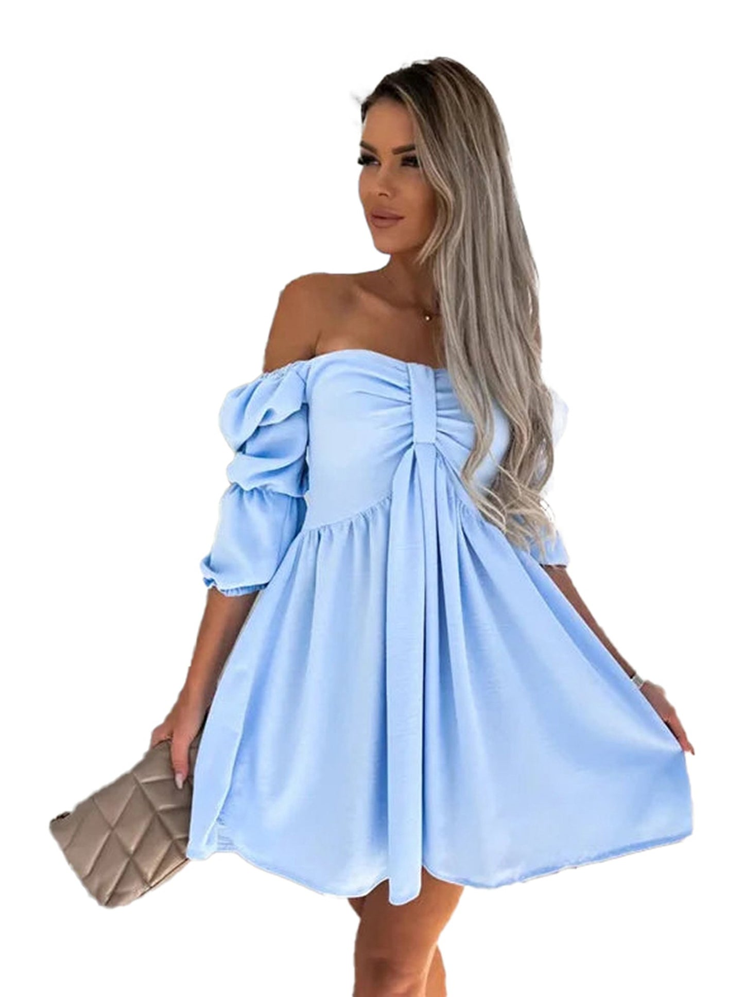 LuckeLadybug LLC sexy off shoulder mini dress in blue with puff sleeves and a flared skirt