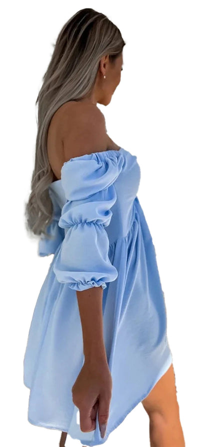 Light blue sexy off shoulder mini dress with puff sleeves for a chic summer look