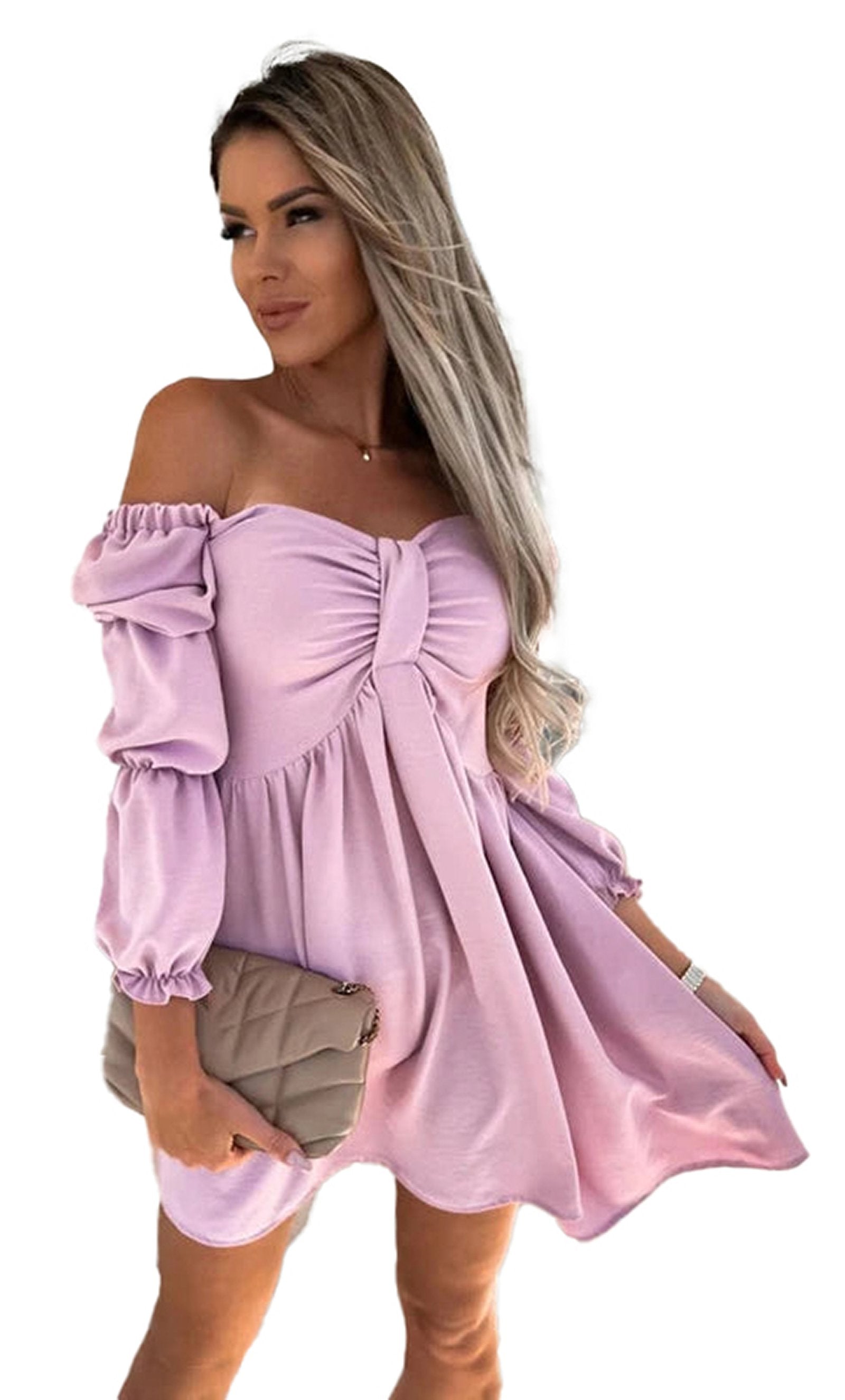 Model wearing a sexy off shoulder mini dress in light pink with puff sleeves and a knot detail