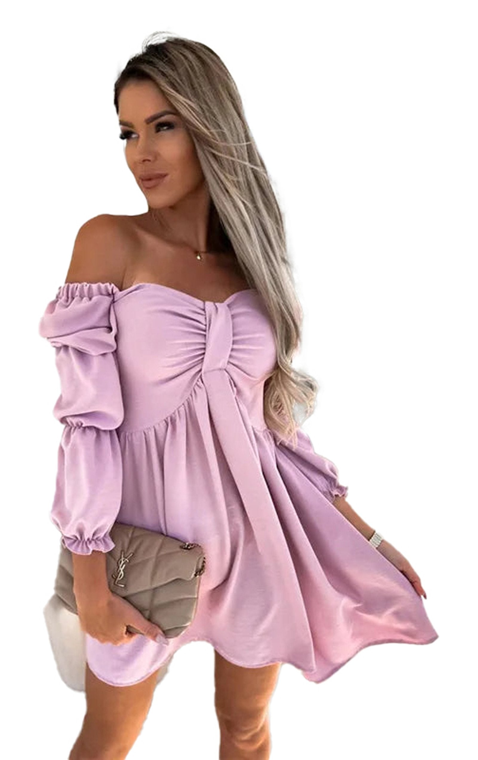 Model wearing a sexy off shoulder mini dress in pink with puff sleeves and a flared hem