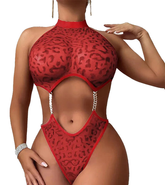 Sexy open crotch bodysuit lingerie in red leopard print with a stunning cutout design