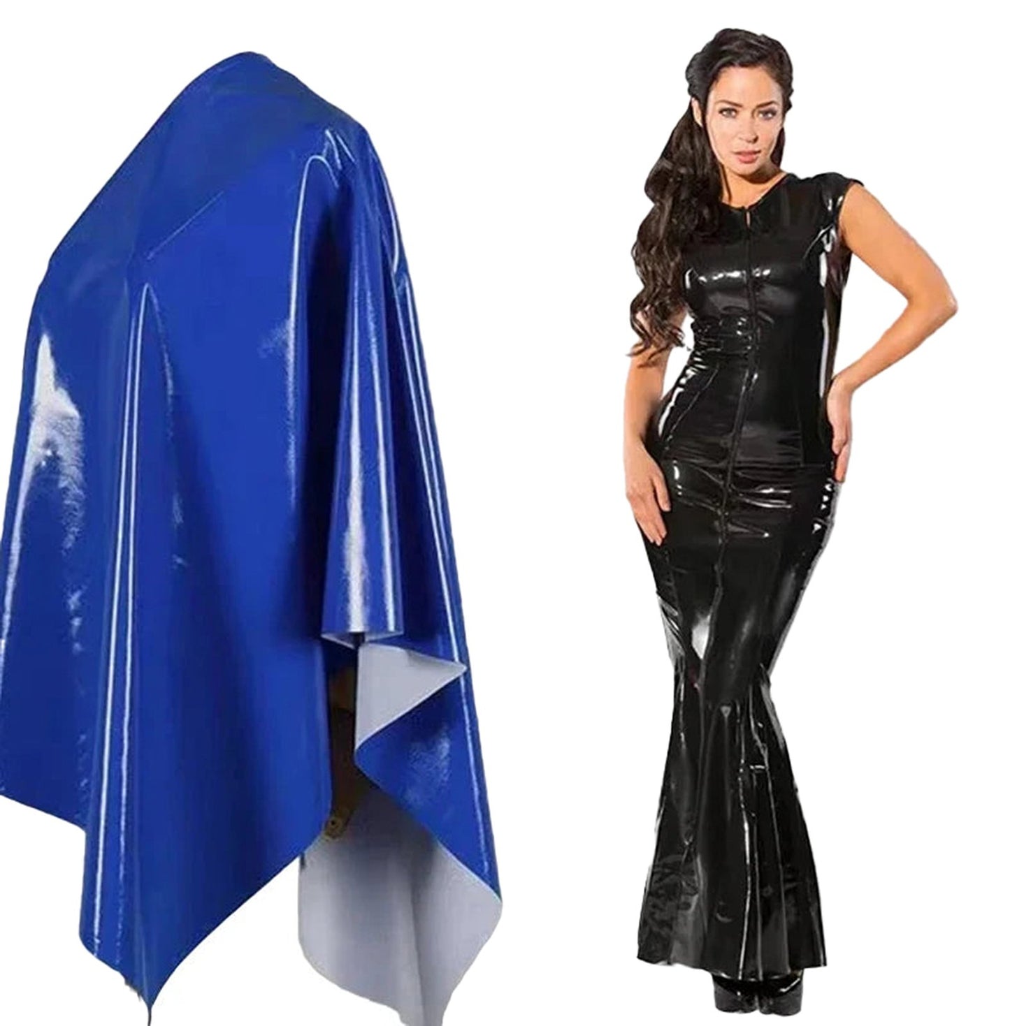 Sexy patent leather mermaid dress in black, featuring a fitted style and flared hem