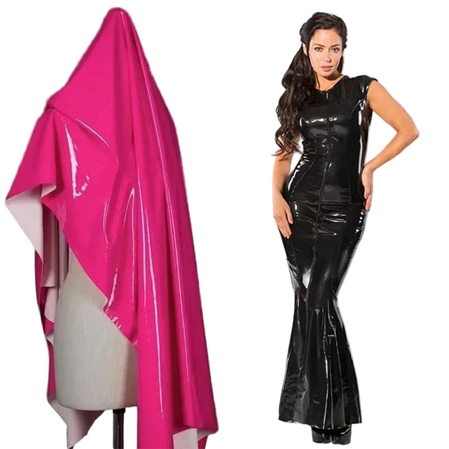 Sexy patent leather mermaid dress showcased on a mannequin and worn by a model for stylish looks