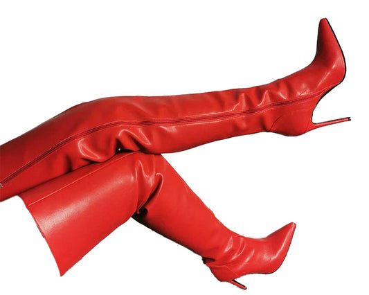 Sexy Pointed Thigh High Boots In Red