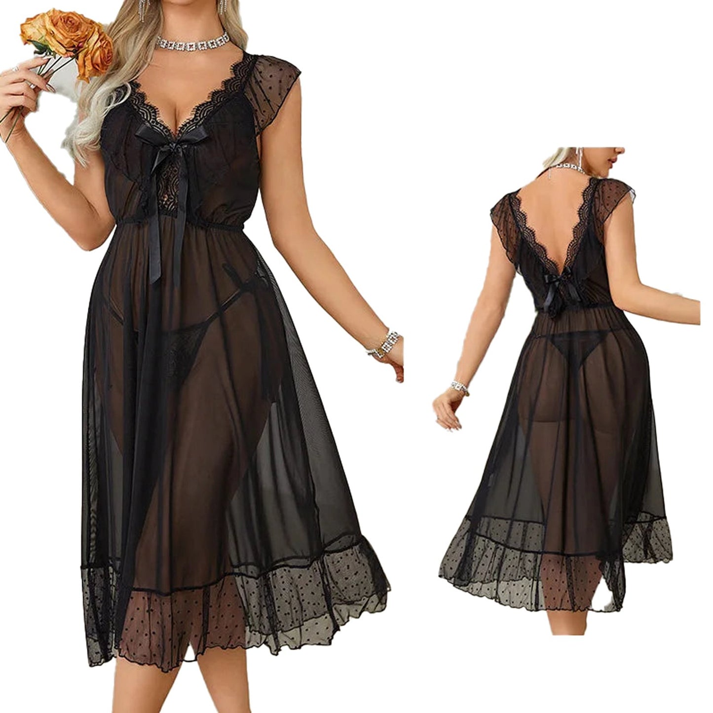 Sexy polka dot babydoll nightgown in black with lace detailing and bow accents, perfect for romantic evenings