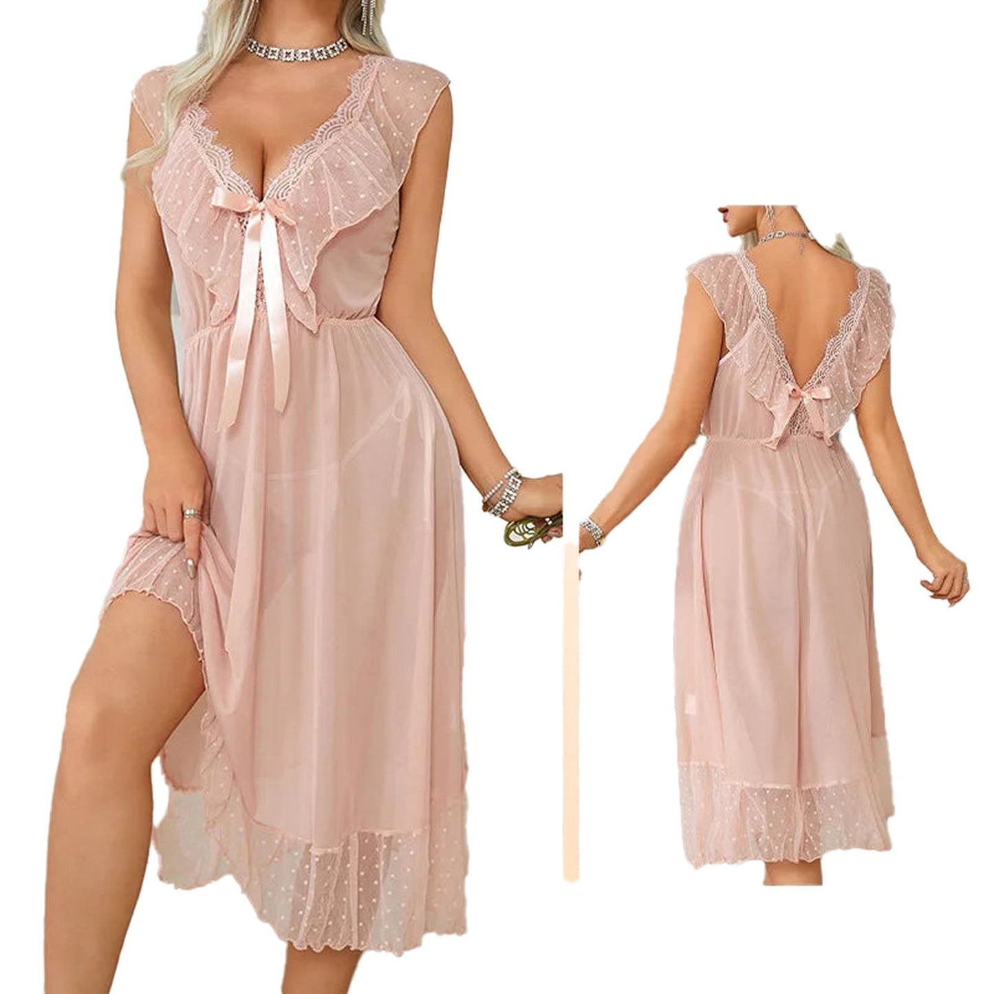 LuckeLadybug sexy polka dot babydoll nightgown with sheer fabric and ribbon detail in soft pink