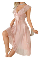 Dreamy pink sexy polka dot babydoll nightgown with delicate ruffles and satin bow detail