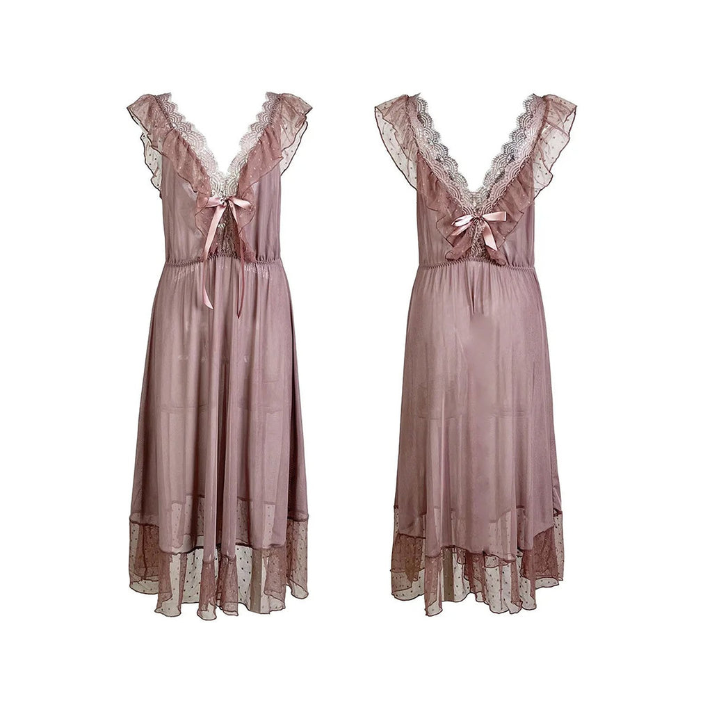 Silky pink sexy polka dot babydoll nightgown with lace details and ruffled sleeves