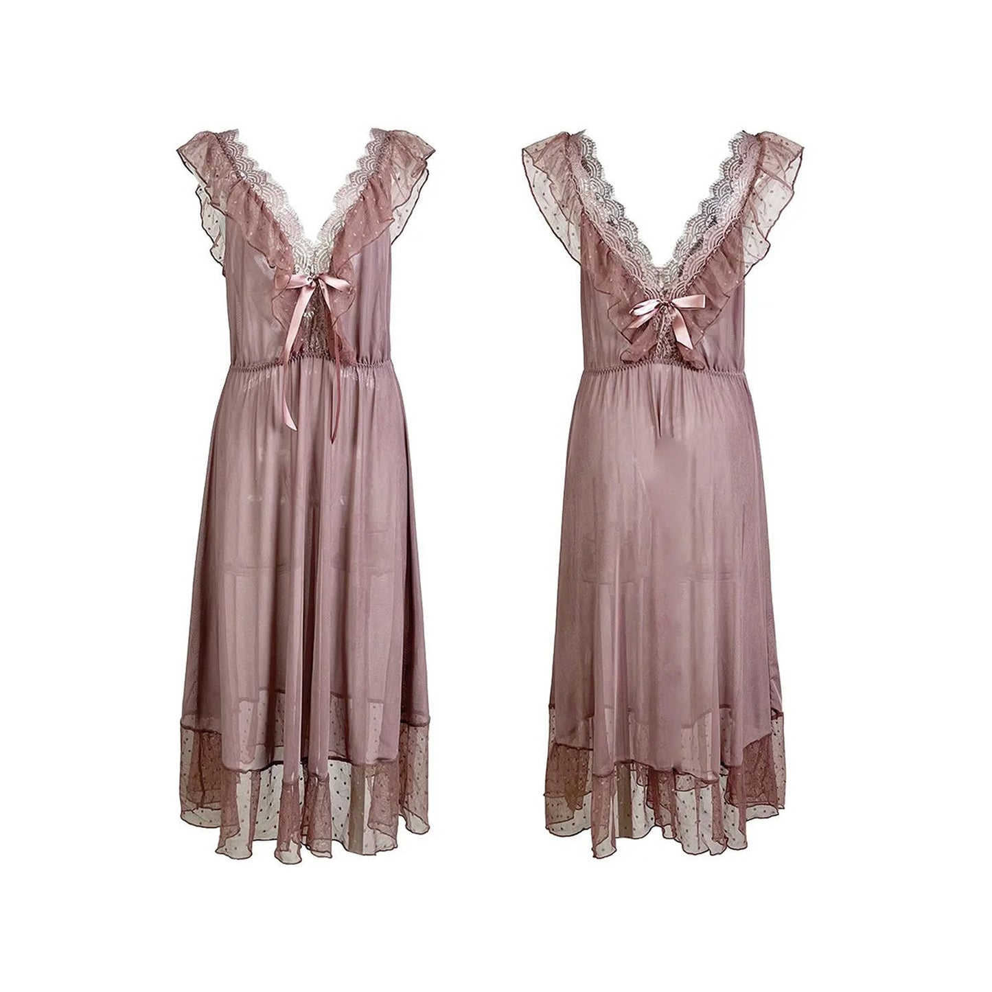 Silky pink sexy polka dot babydoll nightgown with lace details and ruffled sleeves