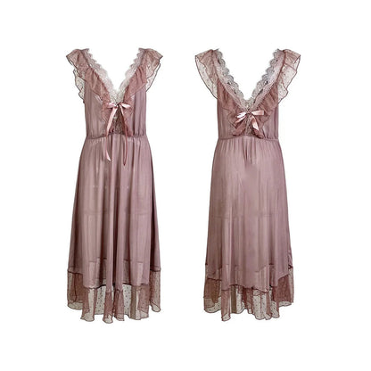 Silky pink sexy polka dot babydoll nightgown with lace details and ruffled sleeves